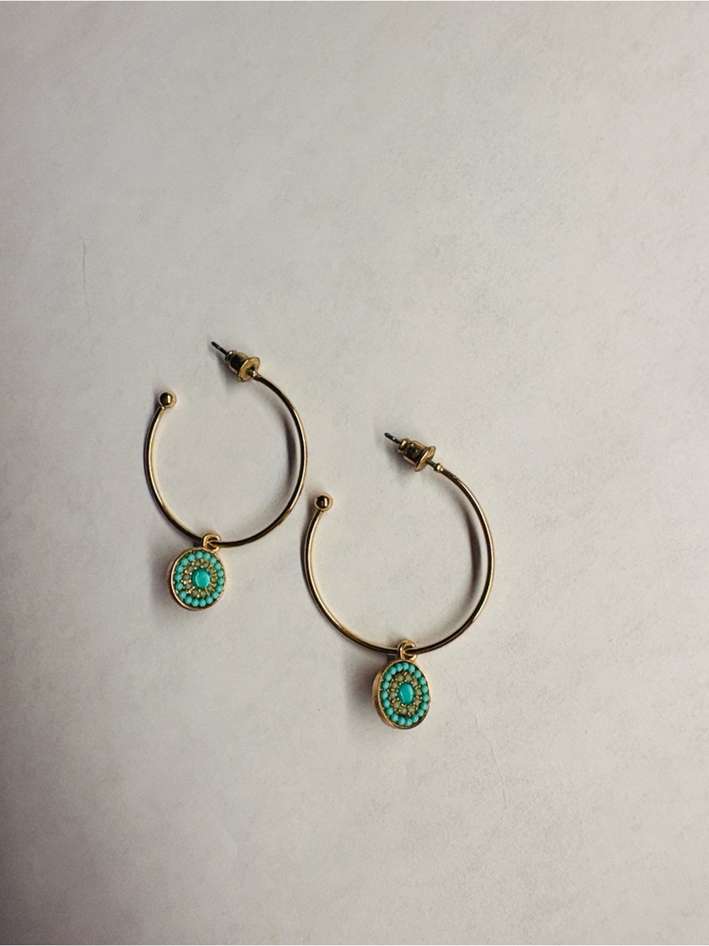 Gold Hoop Earrings with Turquoise Stone Charm